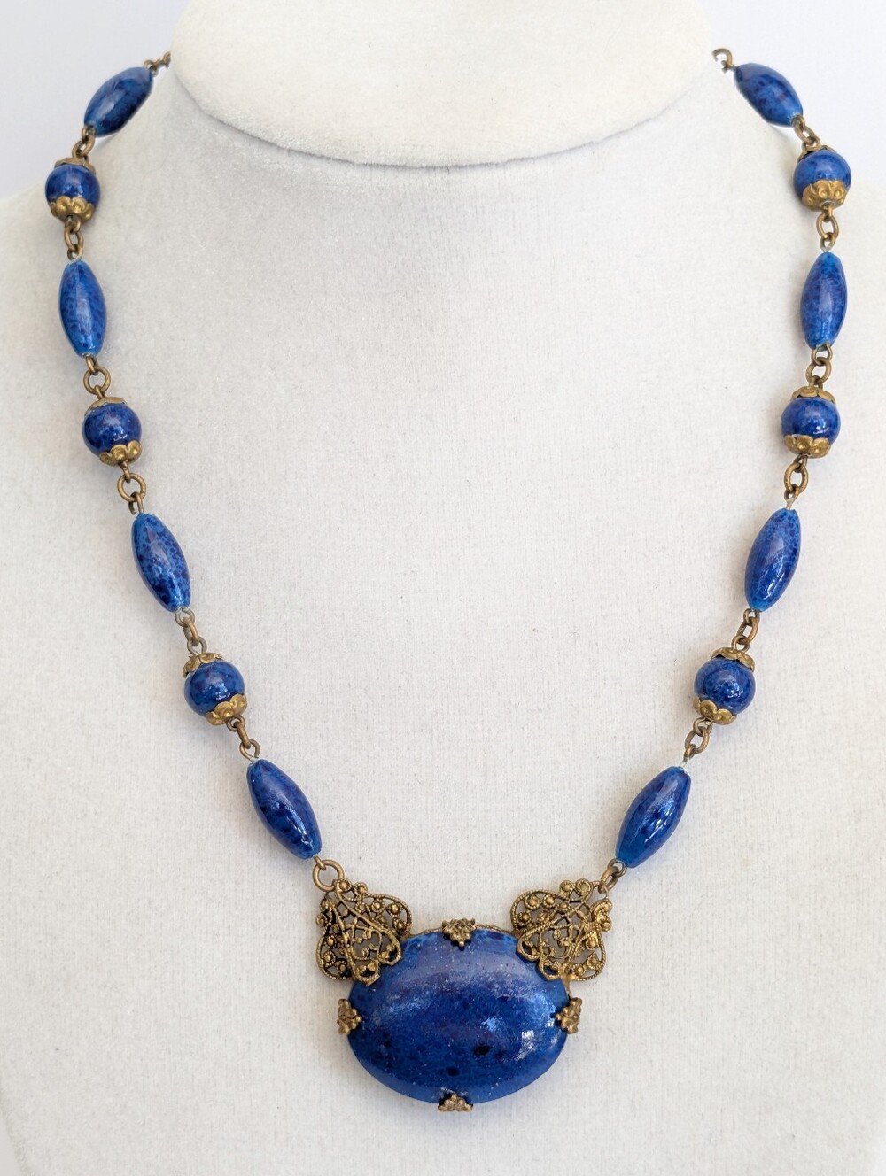 Antique Czechoslovakia Neiger Style Blue Lapis Glass Necklace w/ Brass Filigree